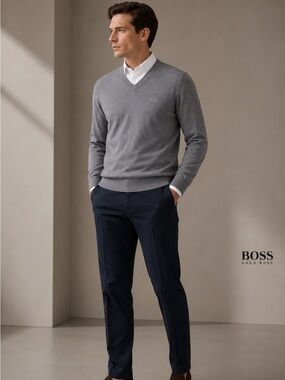 Hugo Boss Men’s V-Neck Wool Blend Heather Gray Sweater NWT Size S Regular Fit
